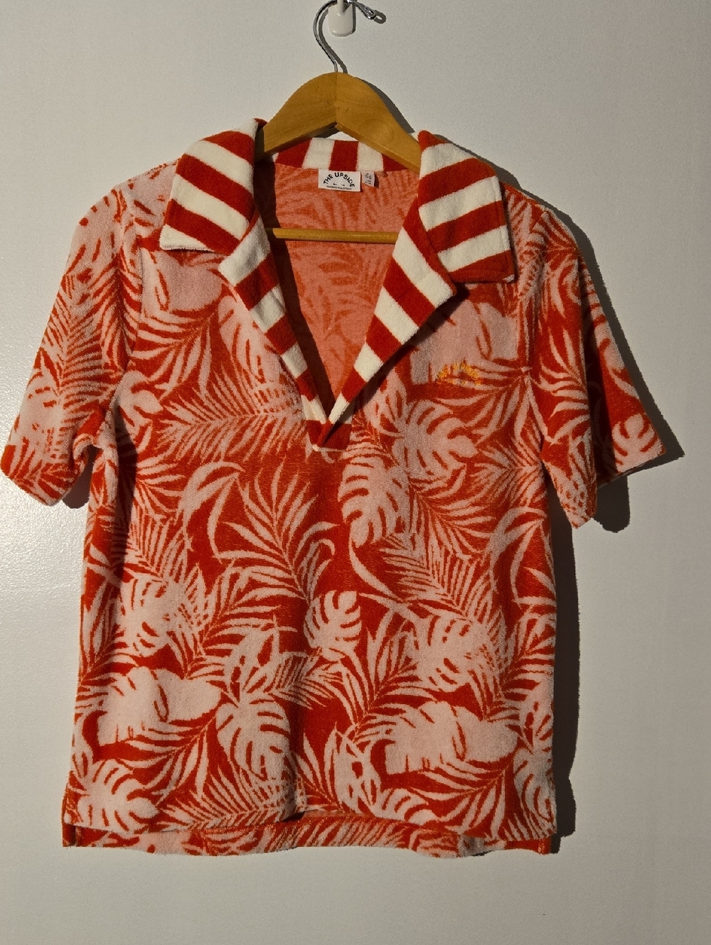 The Upside Red Tropical Print Shirt with Striped Collar Size S/6